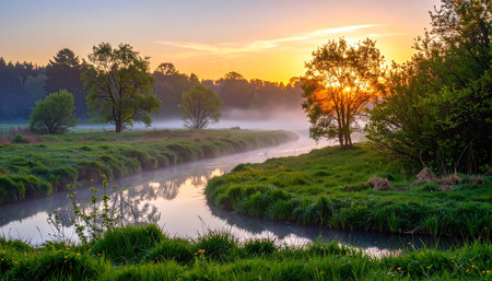 Sunrise over a small river in the countryside in springtime.の素材