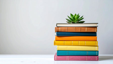 Stack of books with succulent plant on white wooden table. Back to school concept.の素材