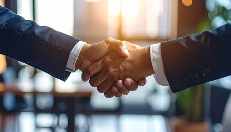 Close-up of business people shaking hands while standing in modern officeの素材