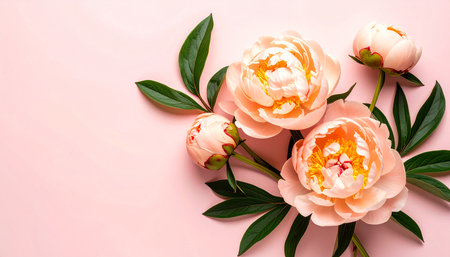 Flowers composition. Peony flowers on pastel pink background. Flat lay, top view, copy spaceの素材