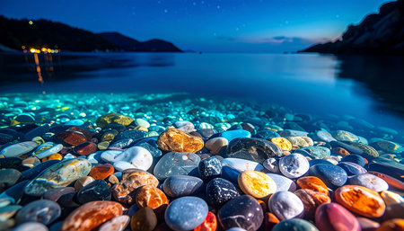 Colorful pebbles on the shore of the lake at nightの素材