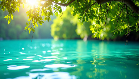 Beautiful nature background. Green leaves and water surface with sunlight.の素材