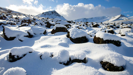 Snowy mountain landscape with snowdrifts and high peaks in the backgroundの素材