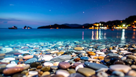 Colorful pebbles on the beach at night. Montenegroの素材