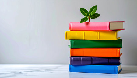 Stack of colorful books with green plant on white background. Education conceptの素材
