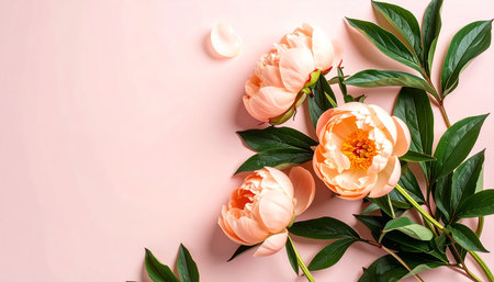 Beautiful peony flowers on pink background, flat lay. Space for textの素材