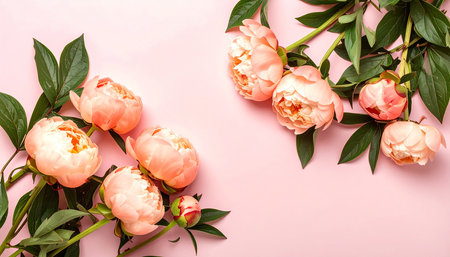 Beautiful peony flowers on pink background. Flat lay, top viewの素材