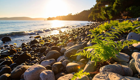 Pebbles and fern on the shore of the sea at sunsetの素材