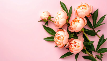 Beautiful peony flowers on pink background. Flat lay, top viewの素材