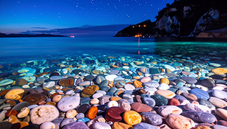 Colorful pebbles on the beach at night, Greece.の素材