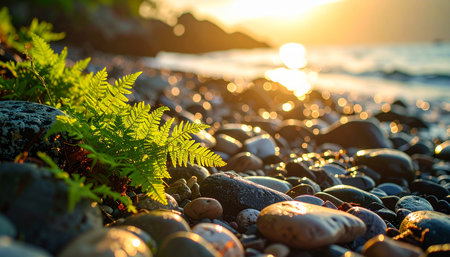 Green fern growing on a pebble beach at sunset.の素材