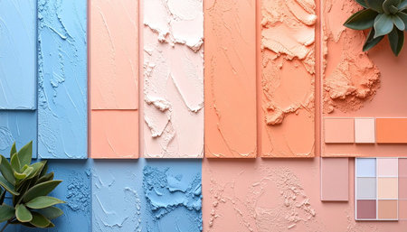 Colorful palette of eye shadows as background, top view. Space for textの素材