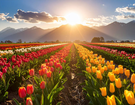 Colorful tulip field with mountains in background at sunrise in springの素材