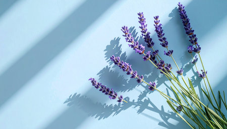 Lavender flowers on blue background. Flat lay, top view.の素材