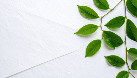 Green leaves on white paper background with copy space for your text.の素材