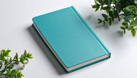 Blue book with green leaves on a white background, top view.の素材