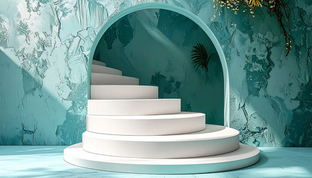White stairs on a turquoise background. 3D rendering.の素材