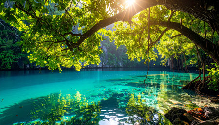 Mangrove forest with turquoise water and sun raysの素材