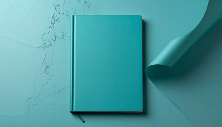 Blue notebook on a turquoise background with a curved corner.の素材