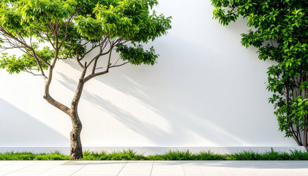 White wall with tree and grass in the garden. 3d renderingの素材