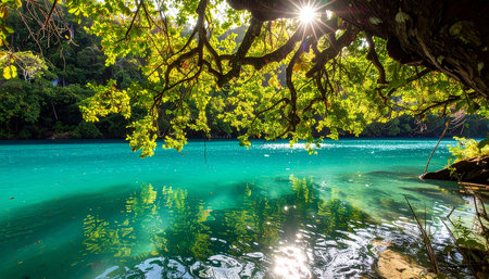 Beautiful seascape with turquoise water and green trees.の素材