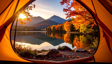 Tent on the lake in autumn at sunrise. Landscape.の素材