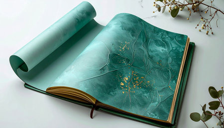 Open old book with floral pattern on white background, 3d renderの素材