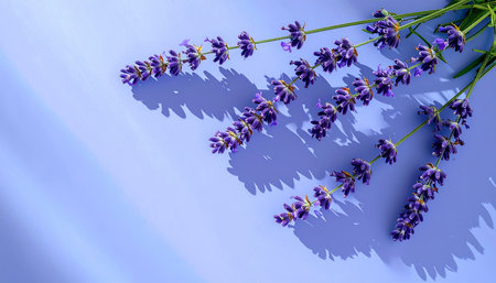 Bouquet of lavender flowers on a blue background. Top view.の素材