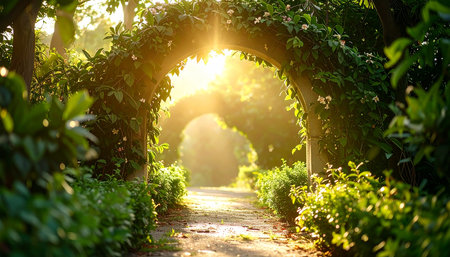 Beautiful sunset in the garden with archway and green plants.の素材