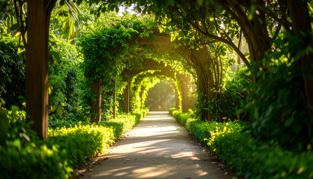 Beautiful alley in the park with green trees and sun rays.の素材