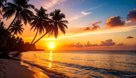 Beautiful sunset on the beach with palm trees. Maldives.の素材