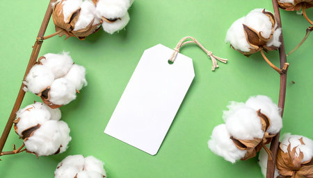 White cotton flowers with blank price tag on green background. Flat lay, top view.の素材