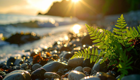 Green fern growing on the rocks on the beach at sunset.の素材
