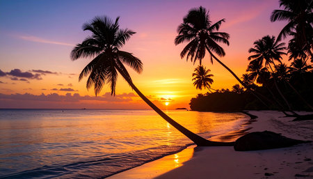 Beautiful tropical beach and sea with coconut palm tree at sunset time - Holiday Vacation conceptの素材