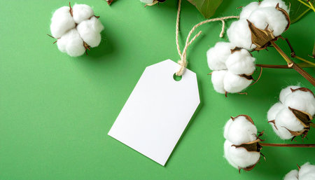 White cotton flowers with blank tag on green background. Flat lay, top view.の素材