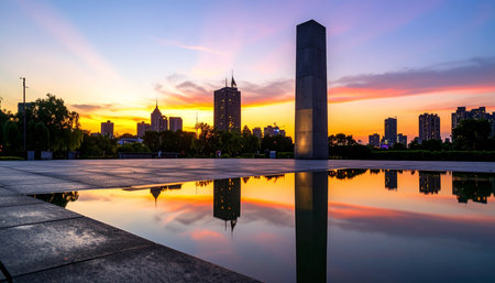 Cityscape and skyline of Shenzhen at sunset, China. Long exposureの素材