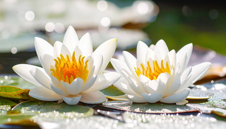 White water lily on the surface of a pond with green leavesの素材