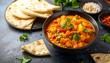 Pumpkin curry with naan bread. Indian traditional cuisine.の素材