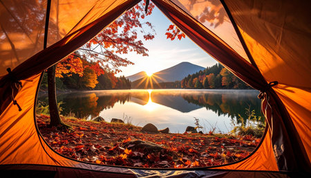 Camping tent on the lake in autumn. Beautiful nature landscape.の素材