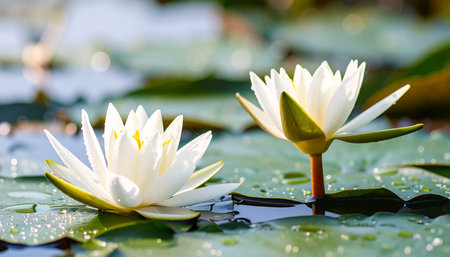 Beautiful white water lily in the pond. Nature background.の素材