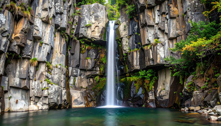 Beautiful waterfall in the mountains. The concept of active and photo tourismの素材