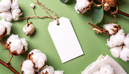 Blank white price tag with cotton flowers and eucalyptus branch on green backgroundの素材