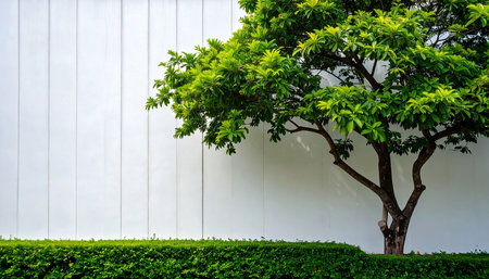 Green tree with white wall and green plant in the outdoor garden.の素材