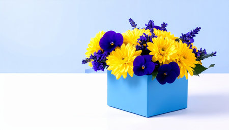Bouquet of flowers in blue box on white table and blue backgroundの素材