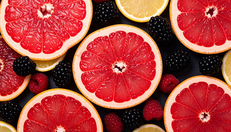 Citrus fruit background. Grapefruit, blackberry, lemon, grapefruit.の素材