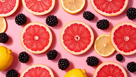 Creative pattern made of grapefruits and blackberries on color backgroundの素材