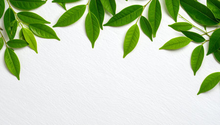 Green leaves on white background. Flat lay, top view, copy spaceの素材
