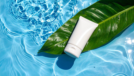Sunscreen cream in a tube on a green leaf on a blue backgroundの素材