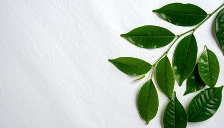 Green leaves on a white background. Flat lay, top view.の素材