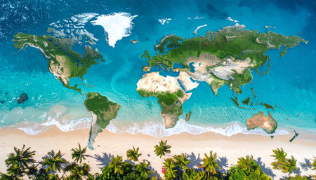 Aerial view of world map with white sand beach and palm treesの素材